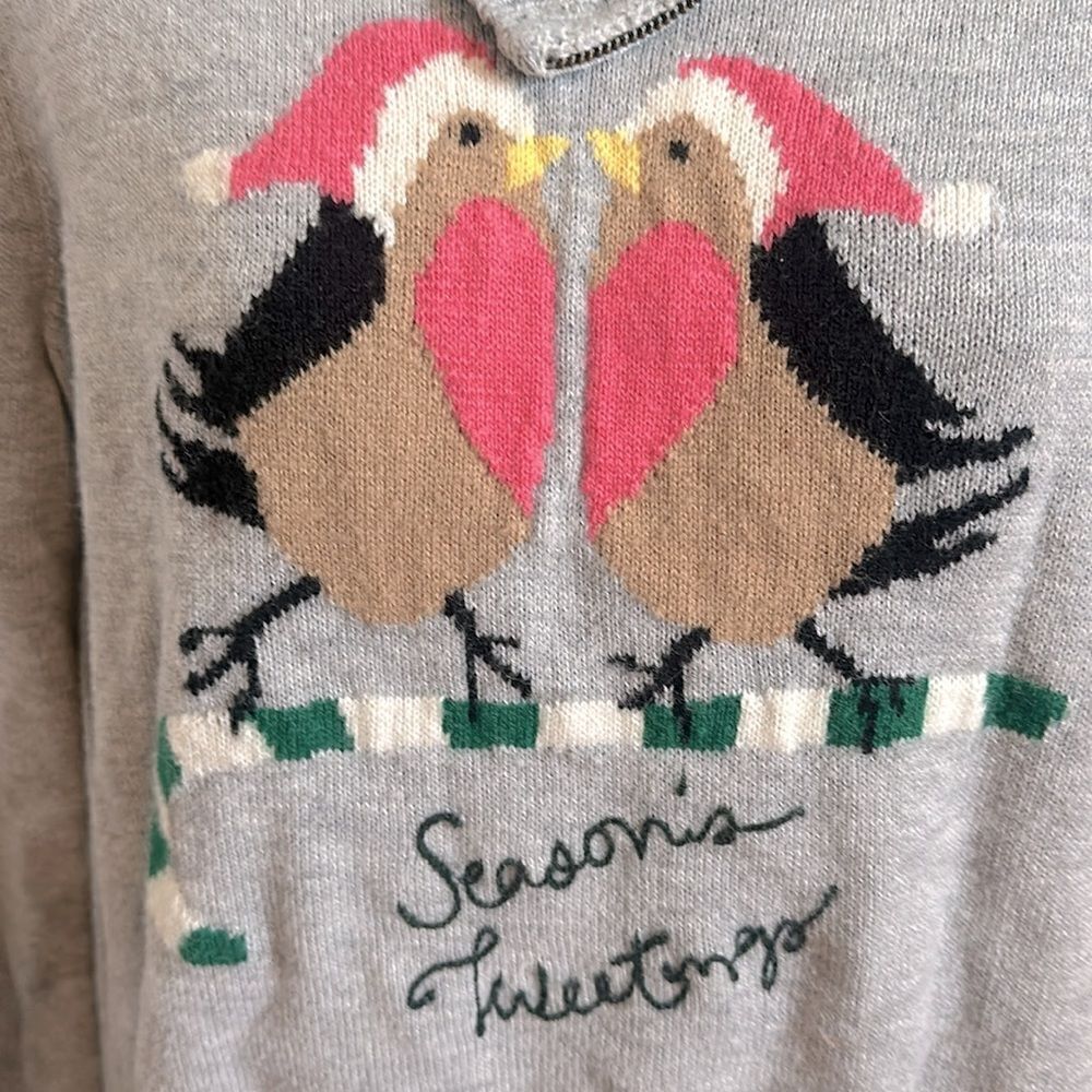 Talbots Christmas Sweater Birds Cowl Zip Lambswool Wool Gray Large Petite LP - Picture 4 of 4